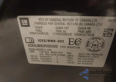 2015 Chevrolet Equinox 1Lt z USA, uszkodzony, nr VIN 2GNALBEK3F6360002